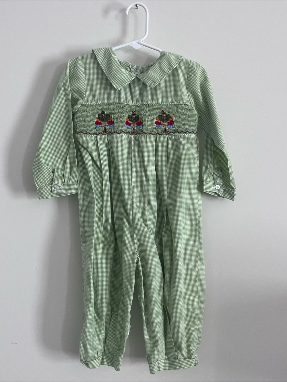 Royal Child Toddler Boy Green And White Gingham Long Romper Turkey Smocking 2T